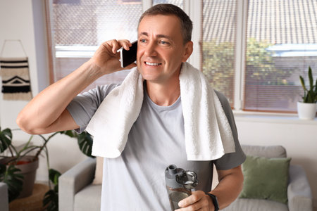 Sporty mature man with bottle of water talking by mobile phone at homeの写真素材