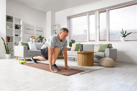 Sporty mature man training at homeの写真素材