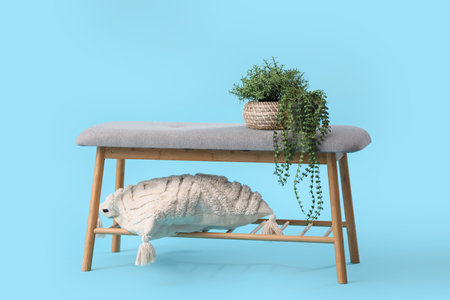 Gray bench with houseplant and cushion on blue backgroundの写真素材