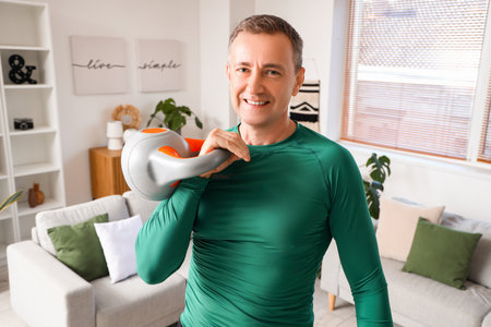 Sporty mature man training with kettlebell at homeの写真素材