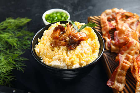 Bowl of tasty banosh on black backgroundの写真素材