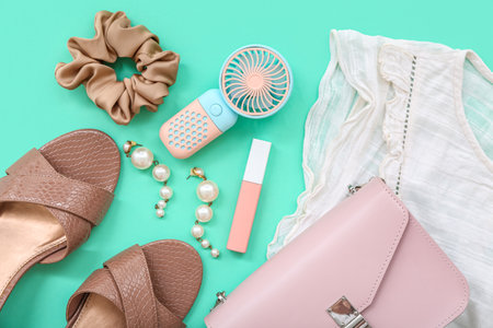 Composition with portable electric fan and stylish female accessories on turquoise backgroundの写真素材