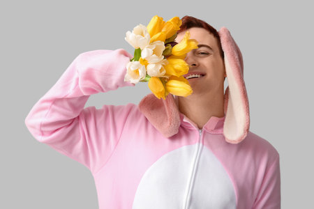 Happy young man in Easter bunny costume with flowers on white background