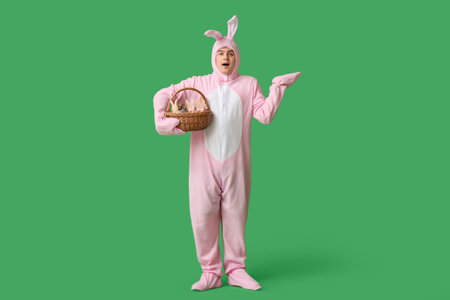 Surprised young man in Easter bunny costume with basket on green background