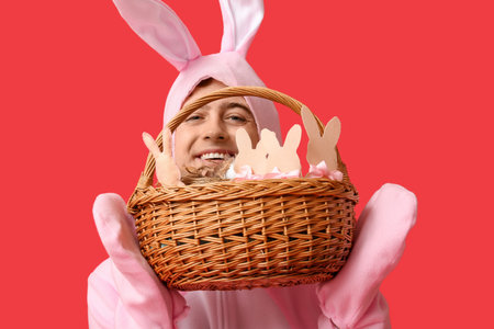 Happy young man in Easter bunny costume holding basket with gifts on red background