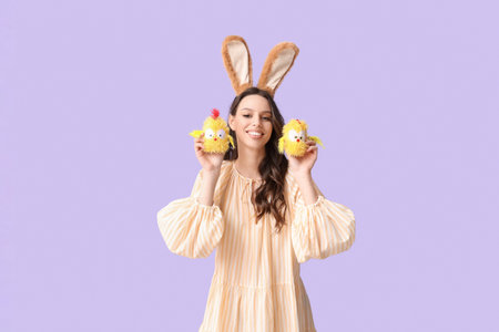 Happy young woman in Easter bunny ears headband with toy chickens on lilac background