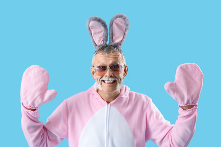 Funny senior man in Easter bunny costume and sunglasses on blue background
