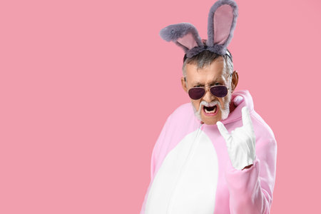 Cool senior man in Easter bunny costume showing devil horns gesture on pink background