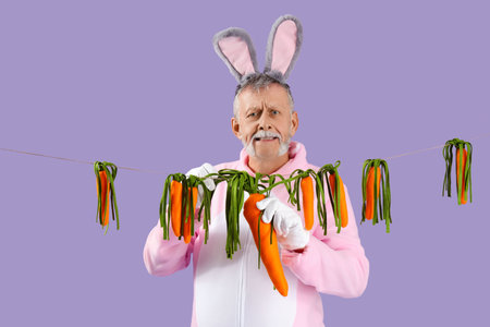 Senior man in Easter bunny costume with plush carrots on lilac background