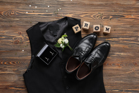 Word PROM with male shoes, vest and cufflinks on wooden background