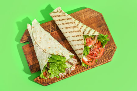 Board with tasty doner kebabs on green background