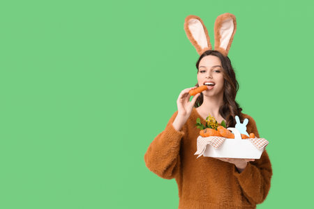 Happy young woman in Easter bunny ears headband holding basket with carrots on green background
