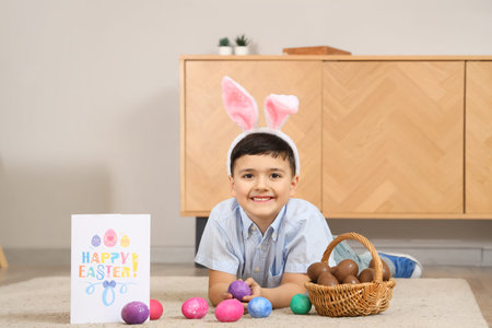 Cute little boy in bunny ears headband with basket of chocolate eggs and festive postcard for Easter...