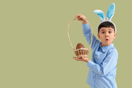 Surprised little boy in bunny ears headband holding basket with chocolate egg for Easter on green backgroundの写真素材