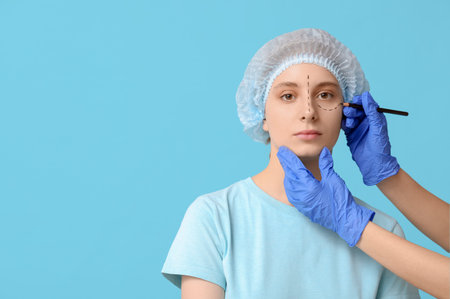Plastic surgeon applying marks on female face against blue background. Blepharoplasty concept