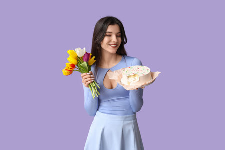 Beautiful young woman with sweet bento cake and bouquet of tulips on lilac background. International...