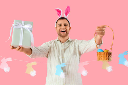 Happy young man in bunny ears with gift box, wicker basket and rabbits garland on pink background....