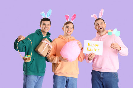 Happy young men in bunny ears celebrating Easter on purple background