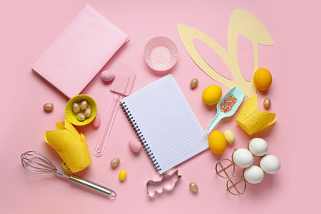 Blank notepads for recipes with bunny ears, Easter eggs and baking tools on pink background