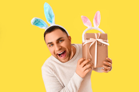 Happy young man in bunny ears with gift box on yellow background. Easter celebration