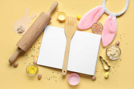 Blank notepad for recipes with Easter decor, colorful sprinkles and baking tools on yellow...