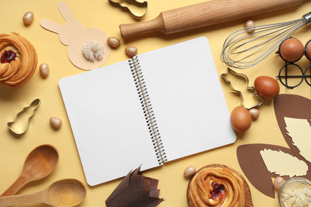 Blank notepad for recipes with sweet buns, Easter decor and baking tools on yellow background