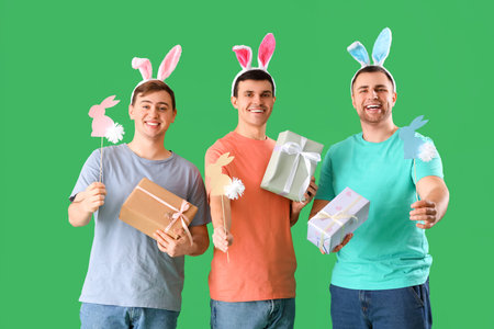 Happy young men in bunny ears with gift boxes and paper rabbits on green background. Easter...