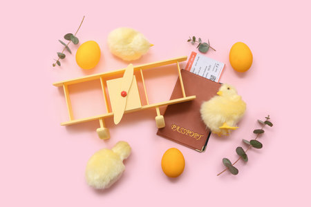Toy plane with passport, ticket and Easter decor on pink background. Holiday travel composition