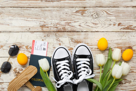 Shoes with passport, tulips and Easter eggs on light wooden background. Holiday travel composition