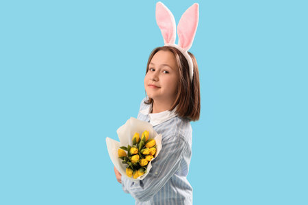 Cute little girl with Easter bunny ears and flowers on blue background