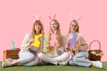 Young girls with bunny ears celebrating Easter on pink background