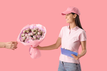 Young delivery woman giving bouquet of beautiful roses on pink backgroundの写真素材