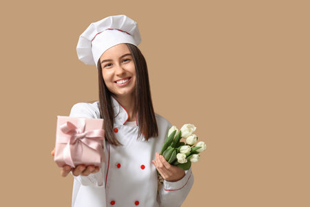 Female chef with white tulips and gift box on beige background. Women's Day celebrationの写真素材