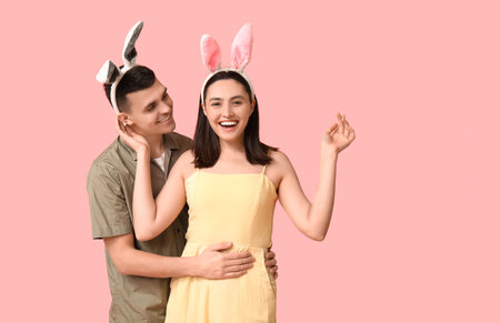 Happy young couple with Easter bunny ears on pink backgroundの写真素材