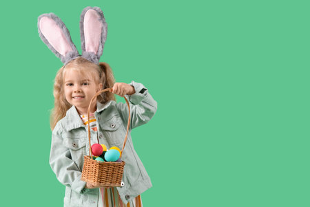 Cute little girl with bunny ears and Easter eggs on green background
