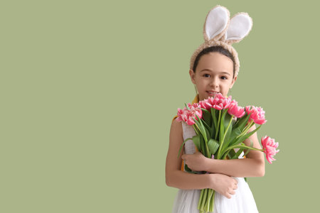 Cute little girl with bunny ears and tulip flowers on green background. Easter celebration