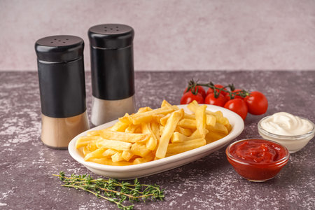 Plate of tasty French fries and sauces on gray background