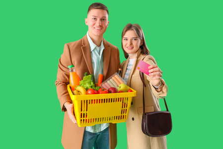 Young couple with full shopping basket and credit card on green background