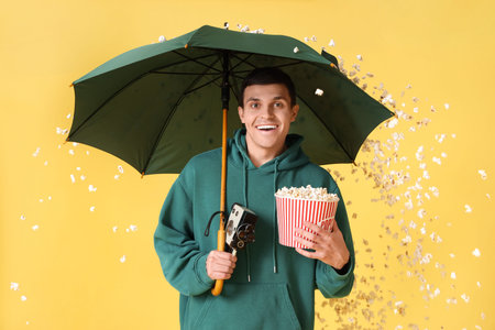 Young man with umbrella, movie camera and popcorn on yellow backgroundの写真素材