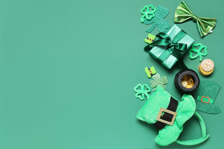 Leprechaun hat with gift box, pot of coins and decor on green background. St. Patrick's Day...
