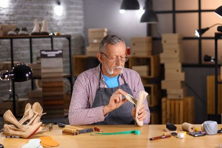 Mature shoemaker repairing shoe at table in workshop