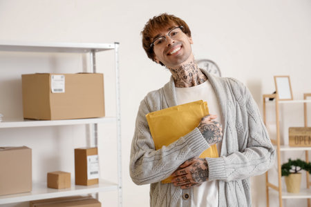 Young online store seller with envelopes in warehouse