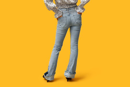 Beautiful young Asian woman in stylish jeans on yellow background, back view