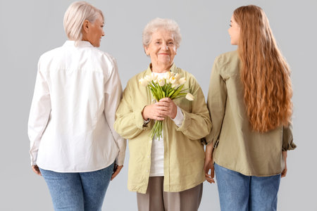 Young woman with her mother and grandma holding tulips on light background