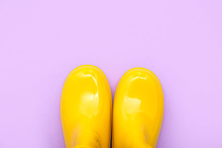 Yellow gumboots on lilac backgroundの写真素材