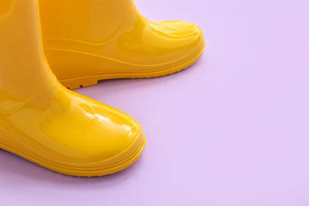 Yellow gumboots on lilac backgroundの写真素材