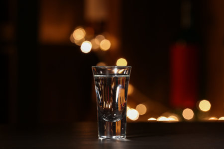 Shot of cold vodka on table in bar, closeup