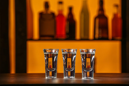 Shots of cold vodka on table in bar