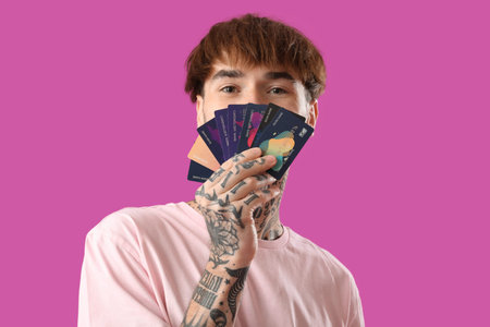 Tattooed young man with credit cards on purple background, closeup