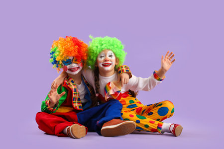 Funny little children in clown costumes hugging on lilac background. April Fools' Day celebrationの写真素材